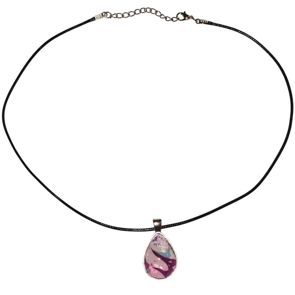Handmade Acrylic Skin Pendant Necklace Teardrop Pink Purple Blue Silver Black - Picture 2 of 4